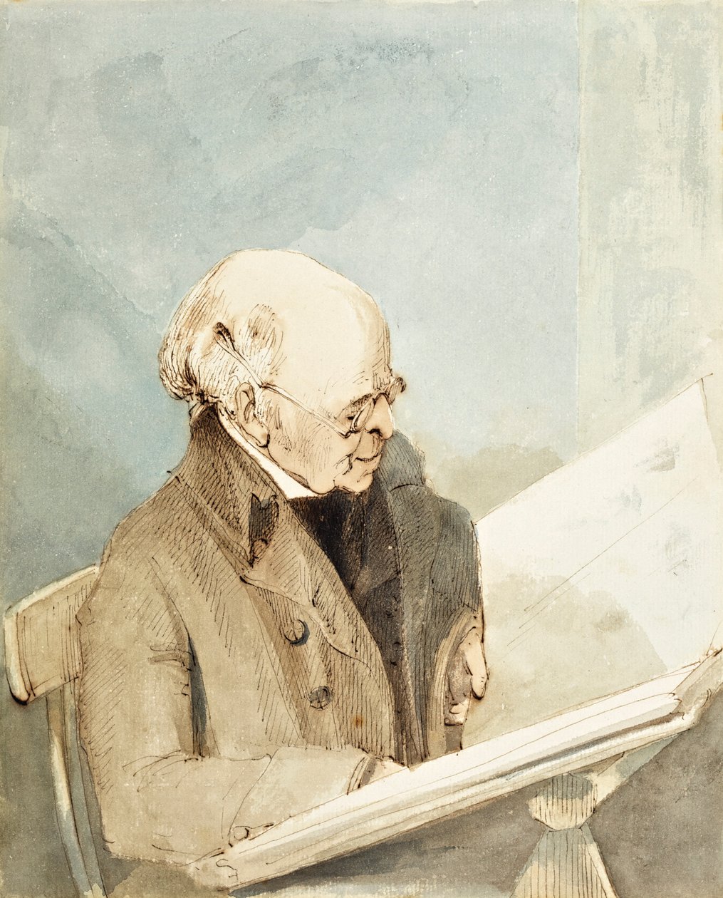 Mr Taylor, Haymans elev, i Print Room of the British Museum, ca. 1820 (wc, penn og blekk på papir) av John Thomas Smith