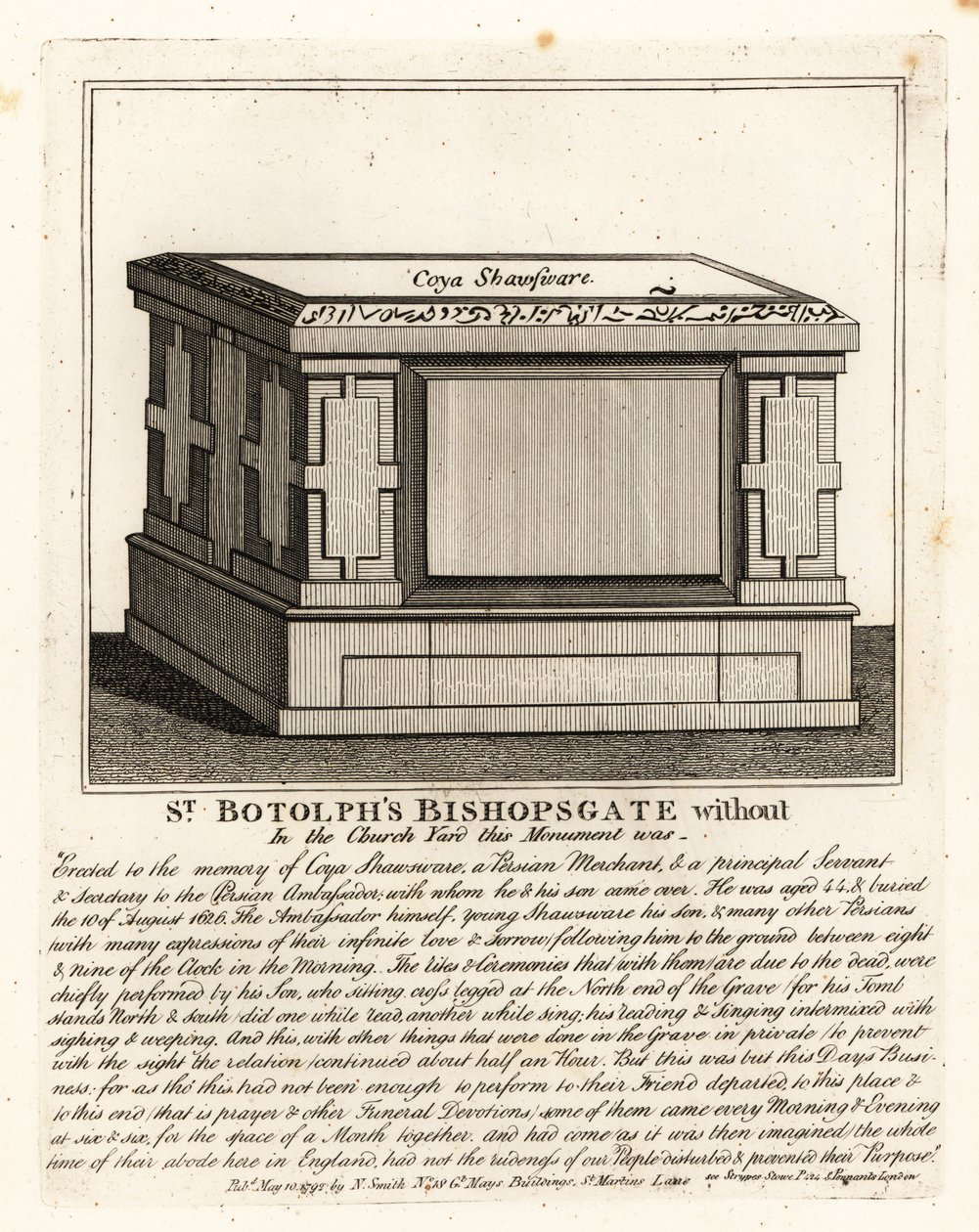 Muslimsk gravmonument i alterstil til Coya Shawsware, eller Khwaja Shahsuwar (1582-1626), en kjøpmann og sekretær for Nogdi ber den persiske ambassadøren, tidligere i St. Botolphs, Bishopsgate av John Thomas Smith