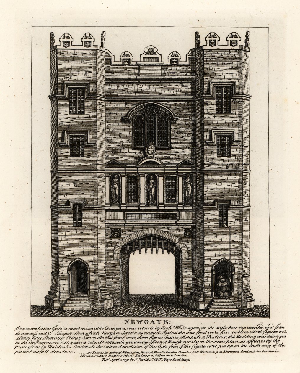 Newgate, gjenoppbygd i 1672 etter brannen i London, med tre figurer Justice, Fortitude and Prudence fra den tidligere porten bygget av Londons borgermester Richard Wittington av John Thomas Smith