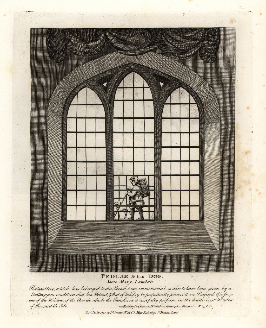 Pedlar og hunden hans i glassmaleriet til kirken ved Saint Mary-at-Lambeth av John Thomas Smith