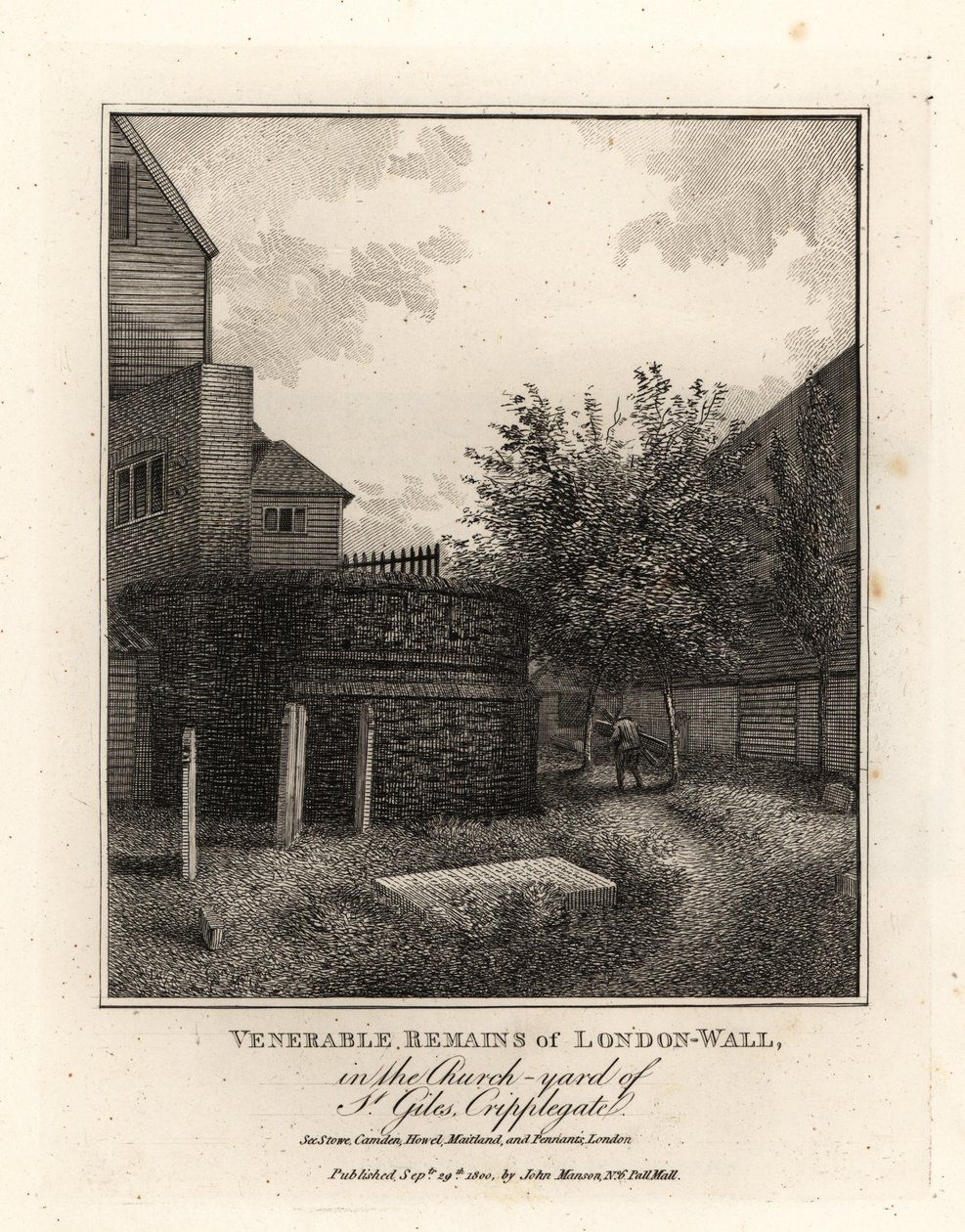 Rester av den romerske London-muren i kirkegården til St Giles, Cripplegate av John Thomas Smith