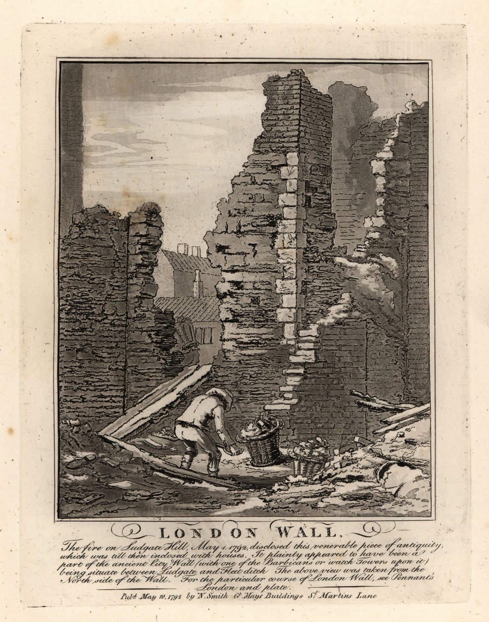 Ruinene av den romerske London-muren avslørt ved brannen i mai 1792 på Ludgate Hill av John Thomas Smith