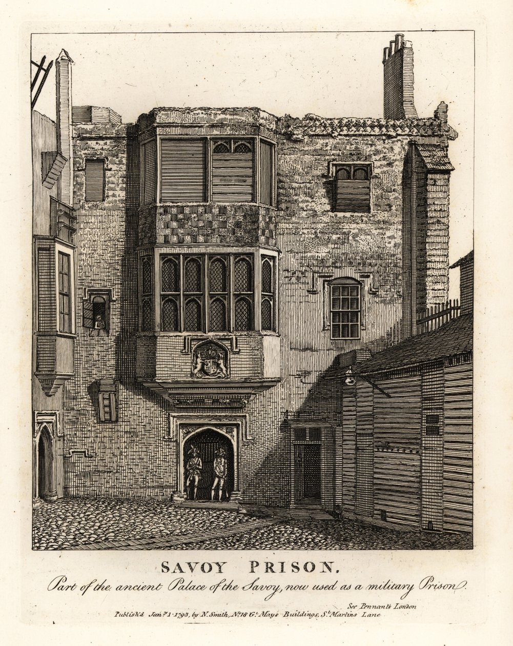 Savoy fengsel, en del av det gamle palasset i Savoy, brukt som et militærfengsel på 1700-tallet av John Thomas Smith