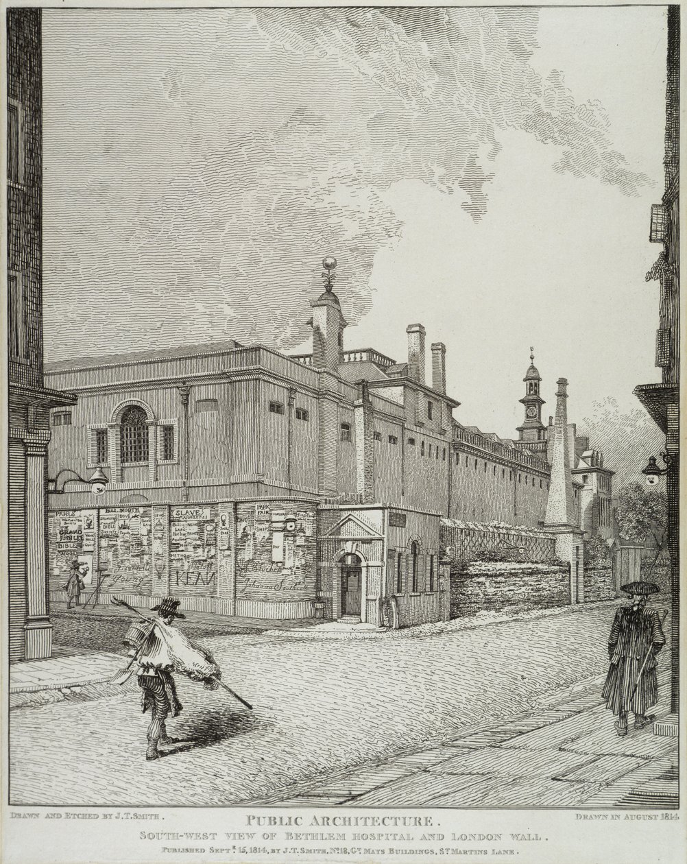 South West View of Bethlem Hospital og London Wall, 1814 av John Thomas Smith