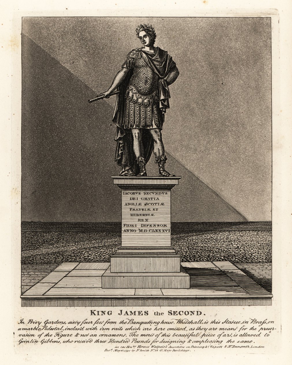 Statue av kong James II av England i kostyme som en romersk keiser, Jacobus Seundus, designet av Grinlin Gibbons, i Privy Gardens av John Thomas Smith