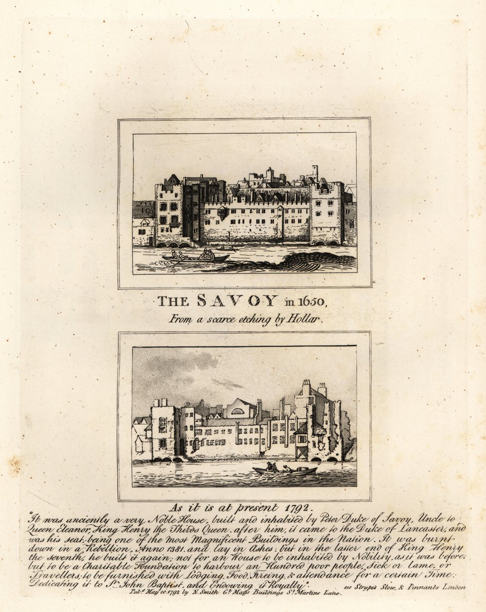 Savoy Hospital i 1650 fra et trykk av Wenceslaus Hollar og i ruiner i 1792 av John Thomas Smith