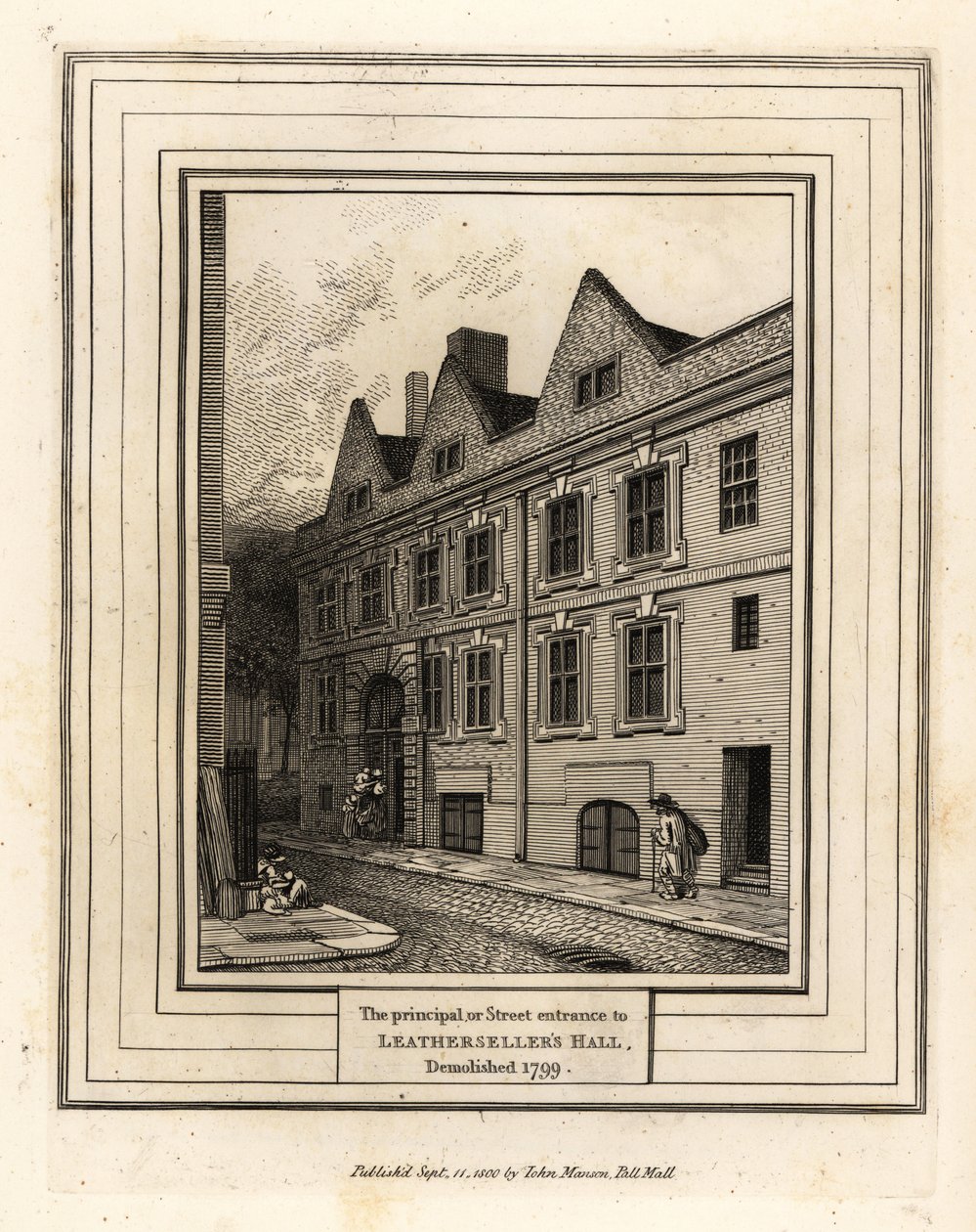 Hoved- eller gateinngangen til Leathersellers Hall, revet 1799 av John Thomas Smith