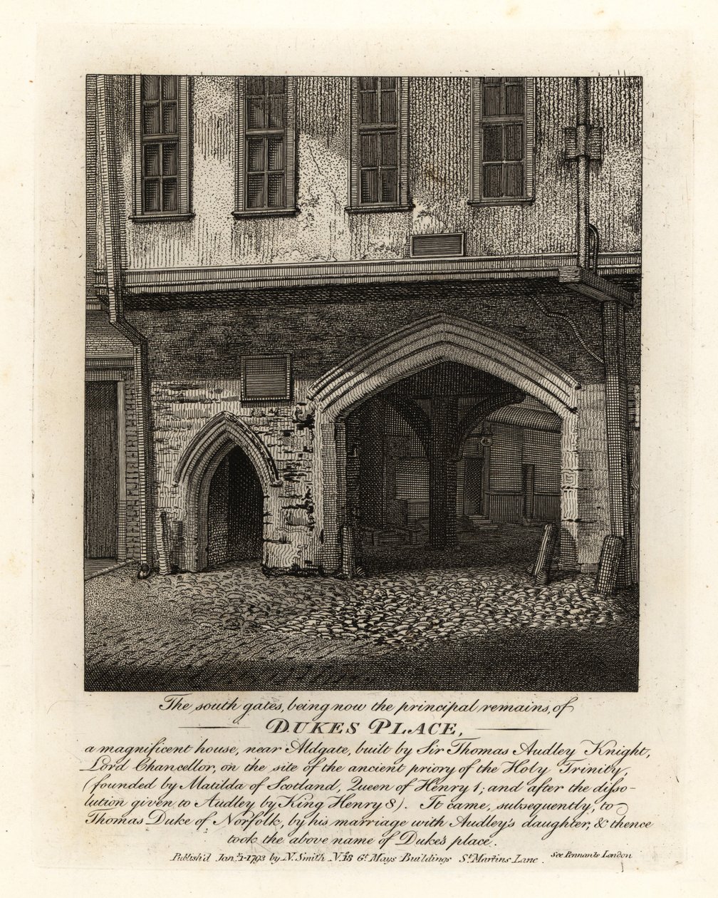 Ruinene av South Gates of Dukes Place, bygget av Sir Thomas Audley (1488-1544) nær Aldgate av John Thomas Smith