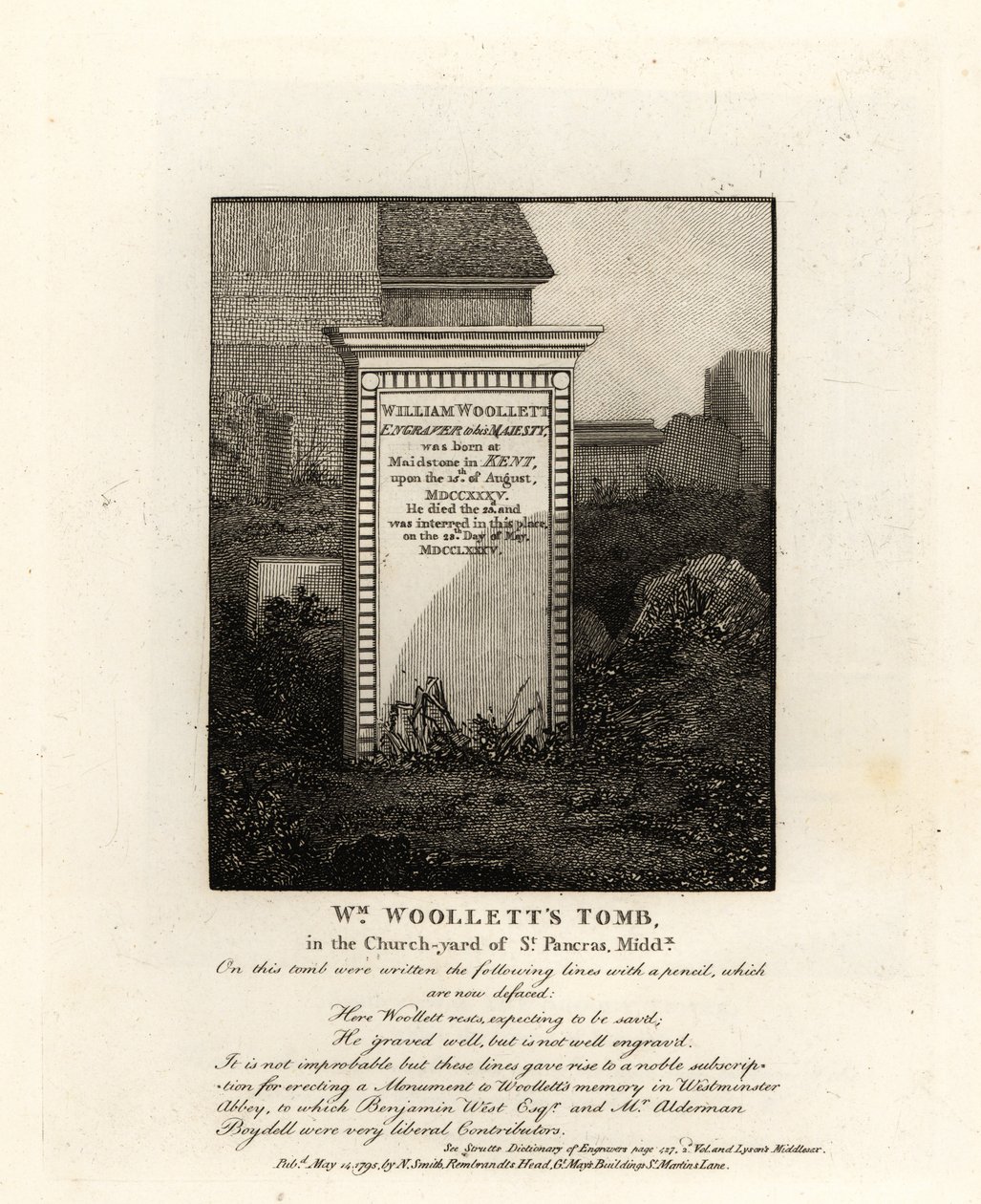Graven til den kongelige graveren William Woollett, død 1735, i kirkegården i St Pancras, Middlesex av John Thomas Smith