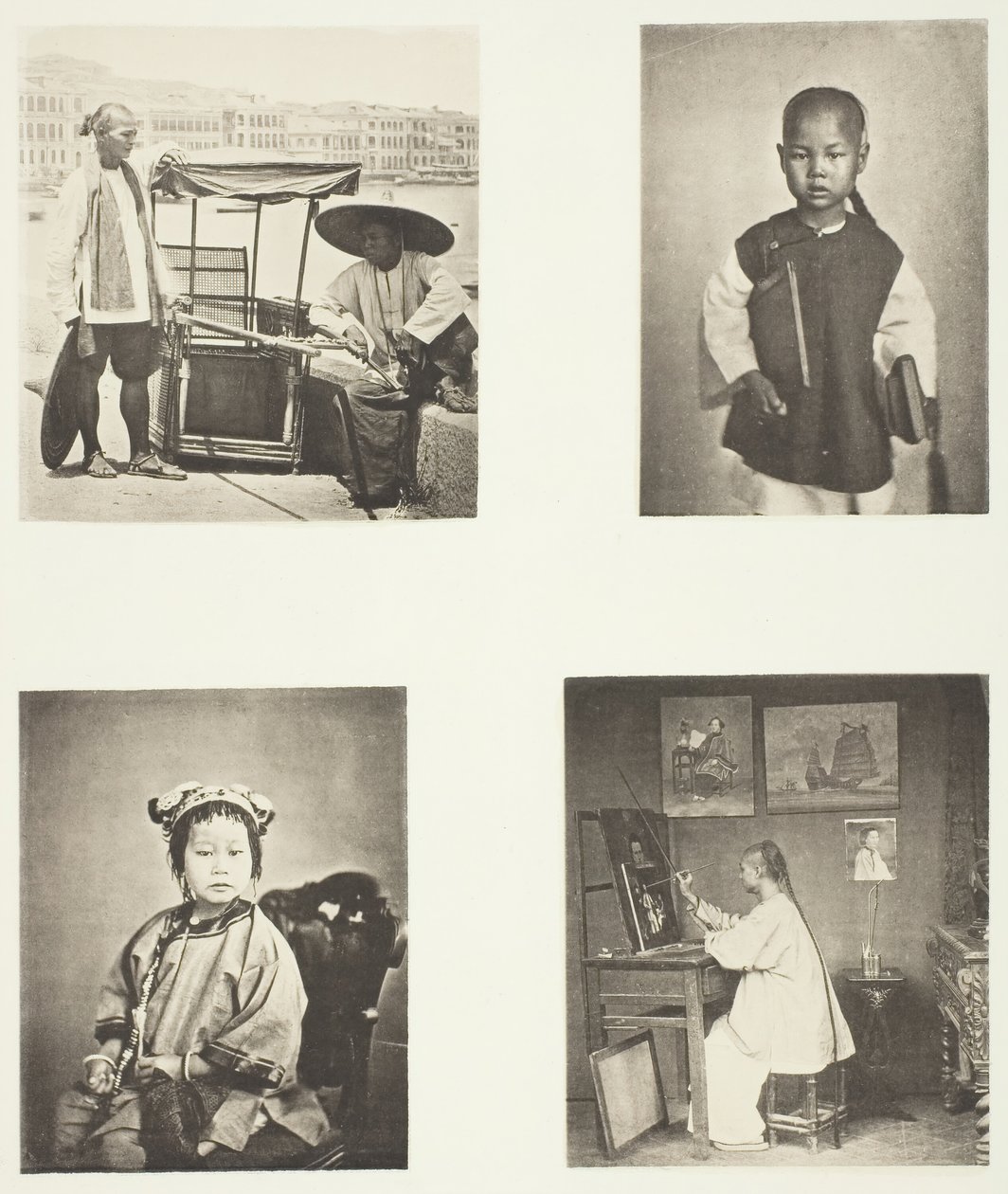 En Hong-Kong Sedan-stol, en kinesisk skolegutt, en kinesisk jente, en Hong-Kong-kunstner, ca. 1868. av John Thomson