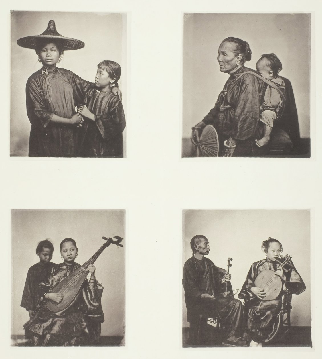 Båtjenter, en kantonbåtkvinne og barn, musikere, musikere, ca. 1868. av John Thomson