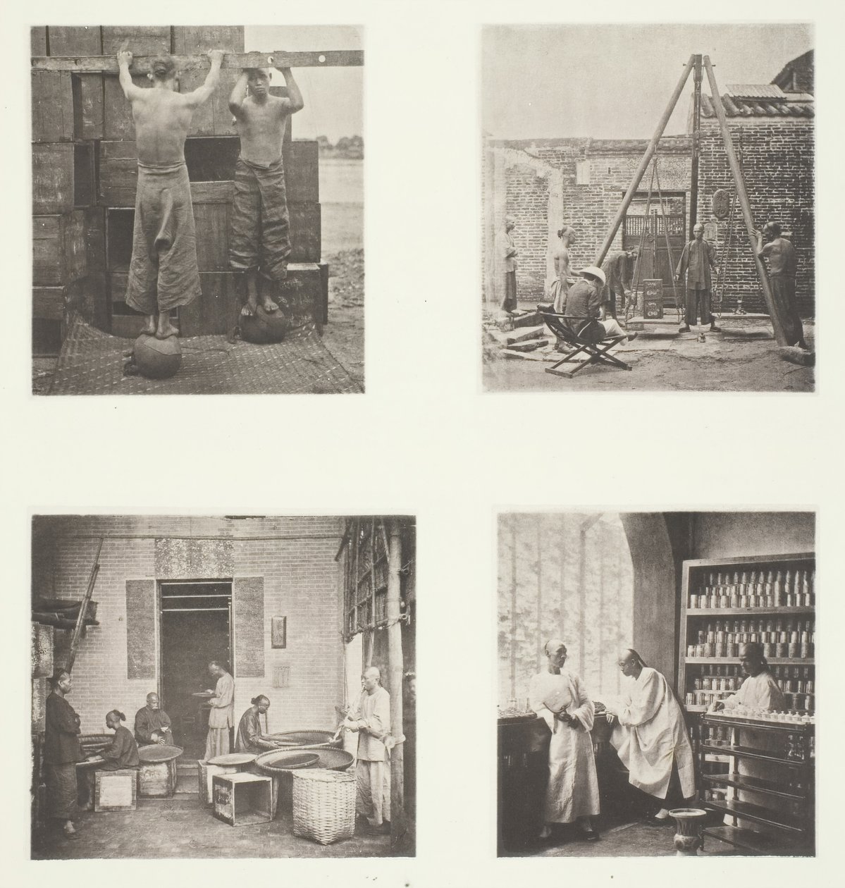 Rullende duftende kapers og krutt-te, veiing av te for eksport, et tehus..., ca. 1868. av John Thomson