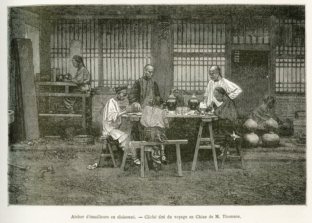 Håndverkerne til et cloisonneverksted i Pekin. Gravering etter et fotografi av M.Thomson for å illustrere reisen til Pekin og Nord-Kina, av T.Chutze, i 1873, publisert i "" Le tour du monde "" 1876, redigert av Edouard Charton, utgave Hachette, Pa av John Thomson