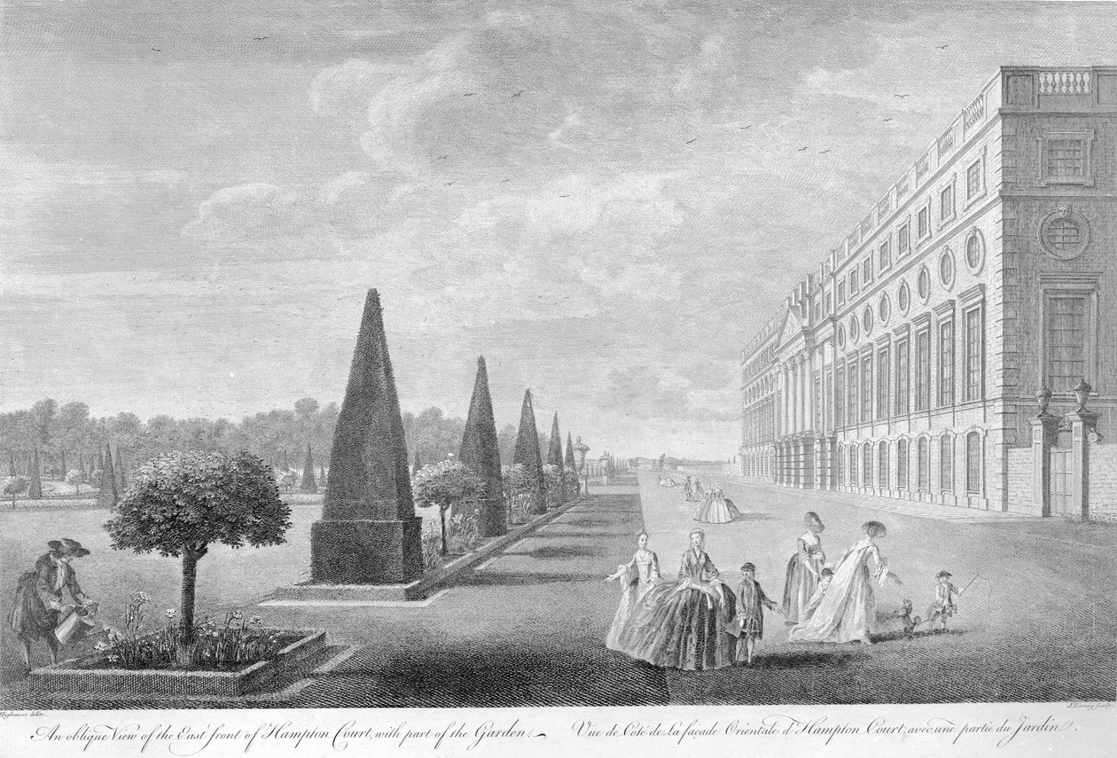 En skrå utsikt over østfronten av Hampton Court med en del av hagen, ca. 1744 av John Tinney