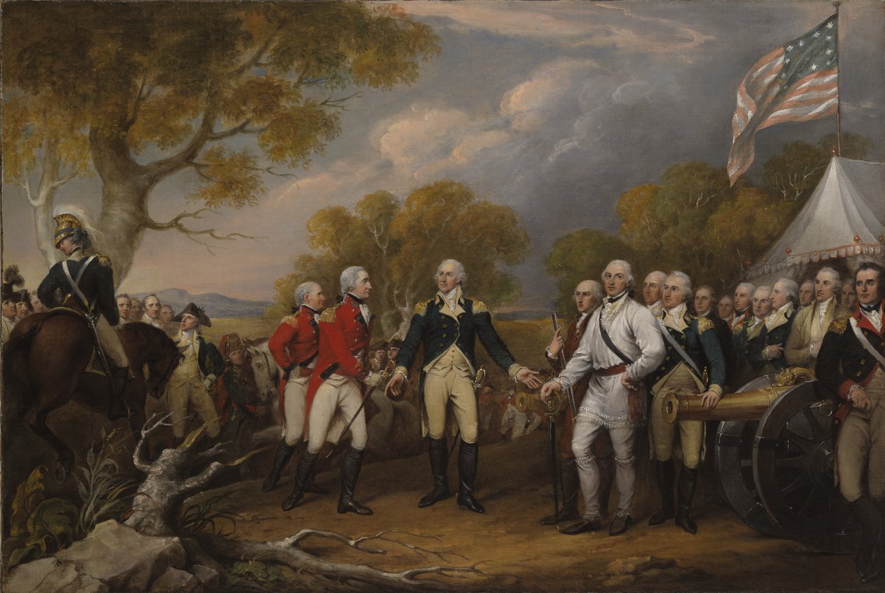 Slaget ved Saratoga, den britiske generalen John Burgoyne overga seg til den amerikanske generalen, Horatio Gates, 17. oktober 1777, ca. 1822-32 av John Trumbull