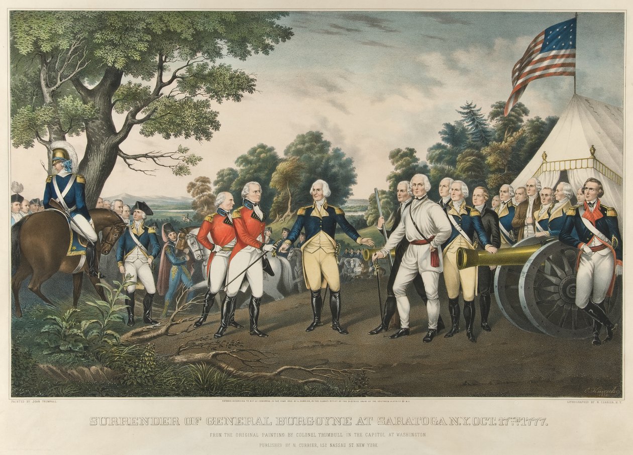 Overgivelse av general Burgoyne i Saratoga, N.Y., 17. oktober 1777, pub. 1852 av John Trumbull