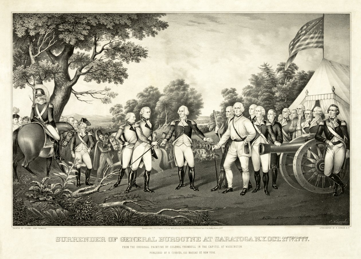 Overgivelse av general Burgoyne i Saratoga, N.Y., 17. oktober 1777, pub. N. Currier av John Trumbull
