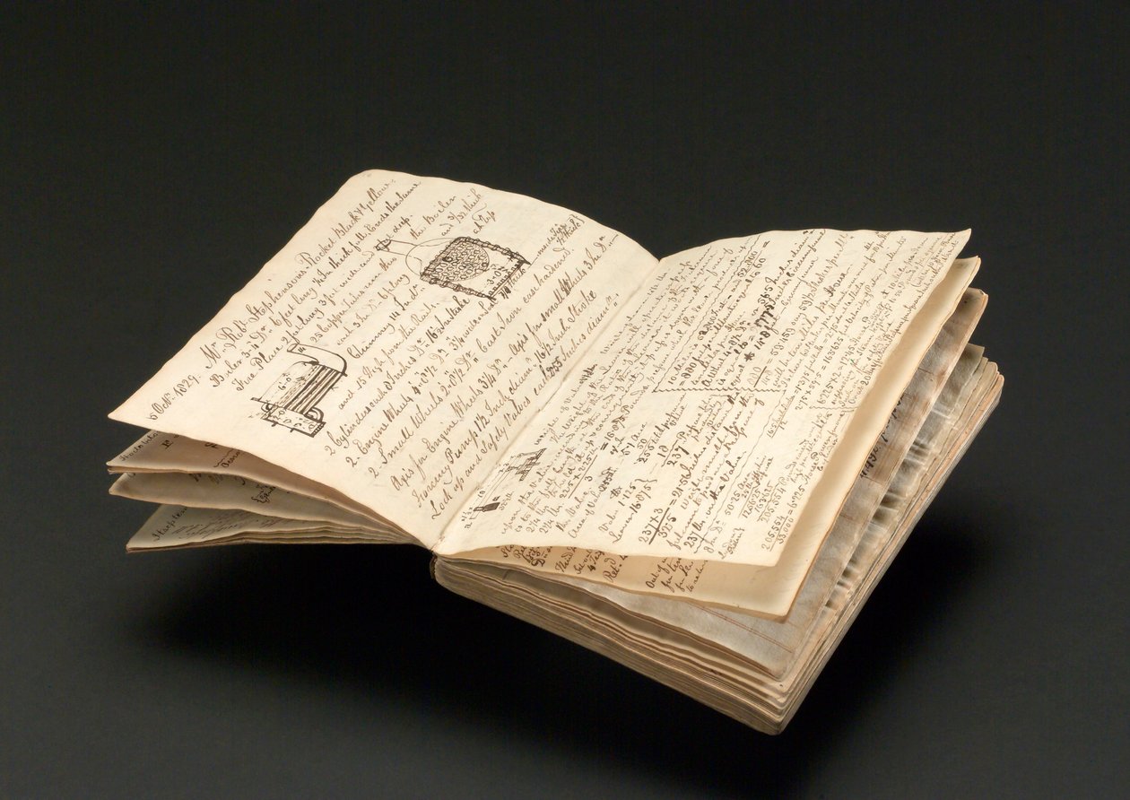 Notatbok tilhørende John Urpeth Rastrick, som ble brukt til å registrere detaljer om Rainhill-lokomotivforsøkene i 1829 (penn og blekk på papir) av John Urpeth Rastrick