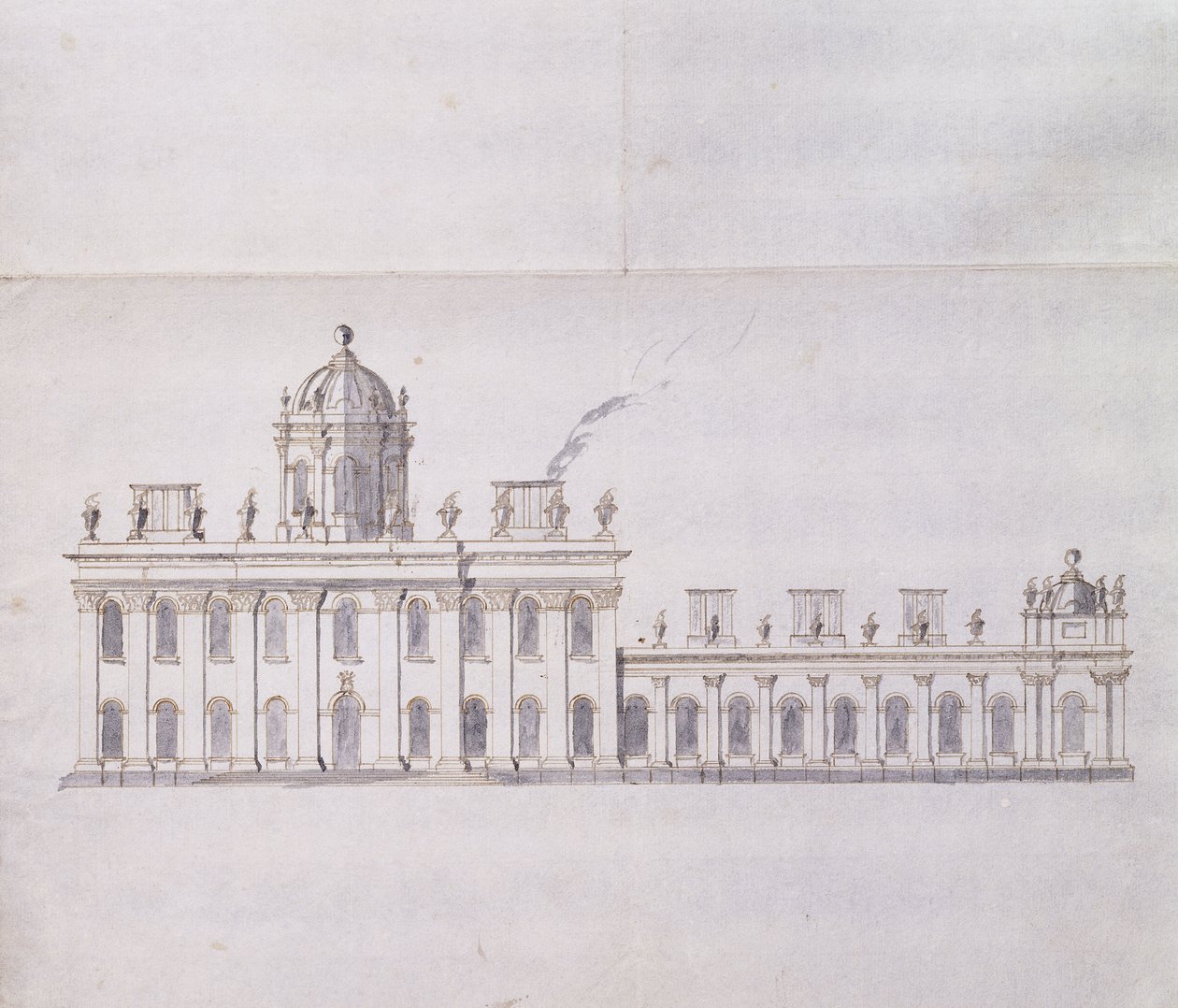 Castle Howard, Yorkshire: En skjematisk blyantskisse som viser utviklingen av Forecourt Wings, ca. 1699 (penn og brunt blekk og grå vask) av John Vanbrugh