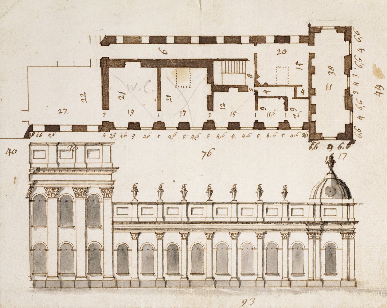 Castle Howard, Yorkshire: An Early Design for the three Bays of the Elevation of the South eller Garden Front og ni bukter enetasjes nedre sidevinger med en Inset of the Ground Plan, ca. 1699 (penn av John Vanbrugh