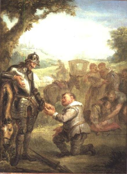 Don Quijote etter duellen med den modige biscayaneren lener seg på hesten sin Rosinante, mens Sancho Panchez ber om guvernørskapet på øya Barataria, scene fra Cervantes 