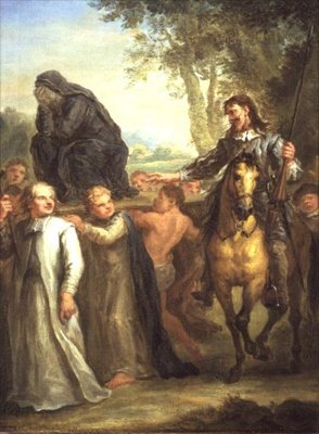 Don Quijote tar feil av en statue av Jomfru Maria, som blir båret i prosesjon, som en kvinne tatt mot hennes vilje, fra Cervantes 