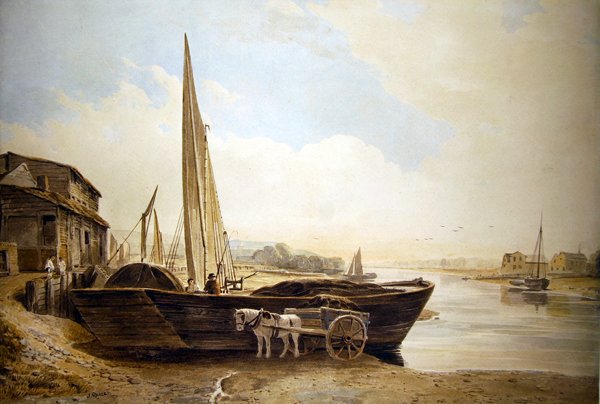 En Thames lekter strandet for lossing (akvarell med spor av blyant på papir) av John Varley