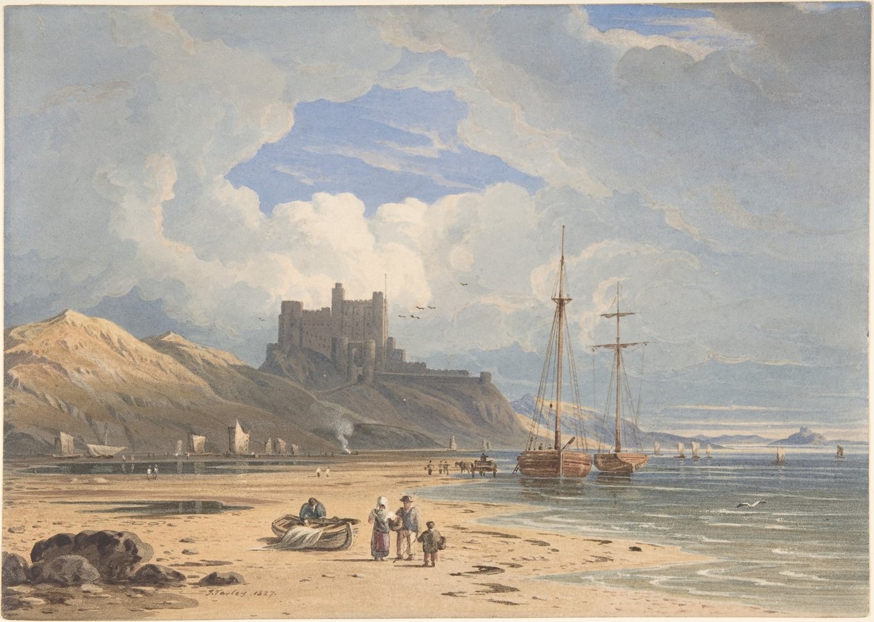 Bamborough Castle fra nordøst, med Holy Island i det fjerne, Northumberland av John Varley