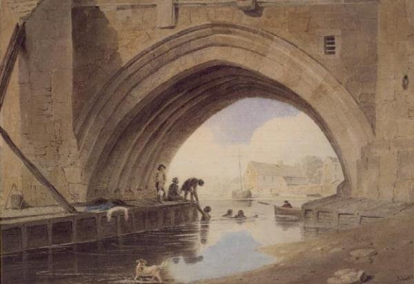 Barn svømmer under Ouse Bridge i York av John Varley