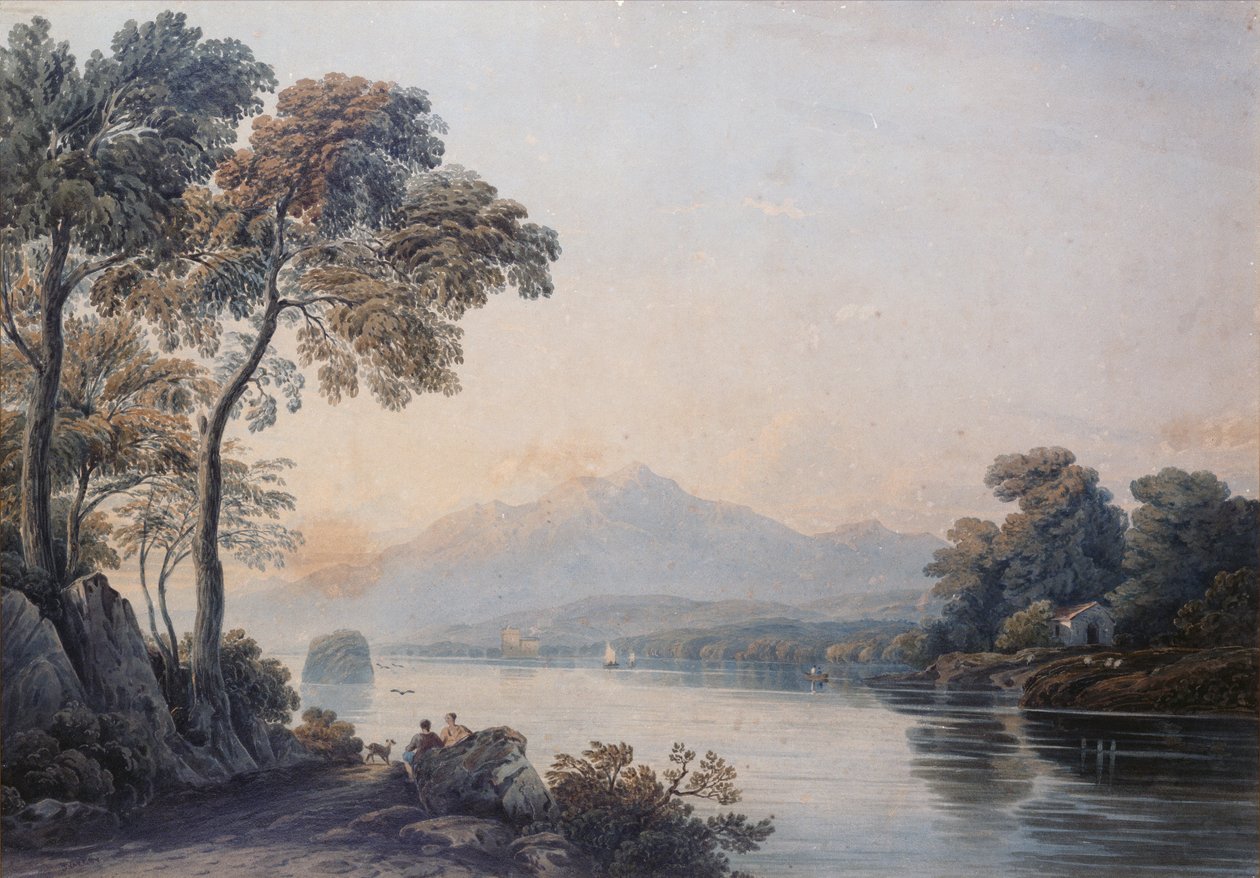 Figurer med en hund på bredden av Lake Killarney (akvarell) av John Varley