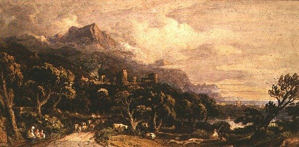Landskap med slott og fjell (akvarell) av John Varley