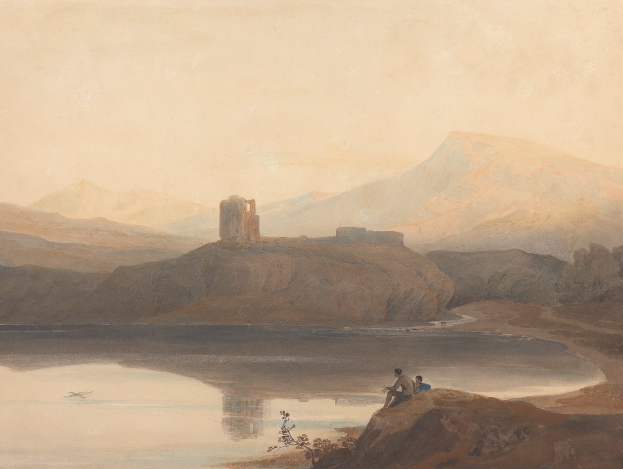 Llanberis-sjøen, med slottet Dolbadern av John Varley