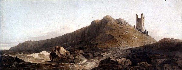 PD.10-1997 Dunstanburgh Castle: The Lilburn Tower, ca. 1809 (grafitt og akvarell på papir) av John Varley