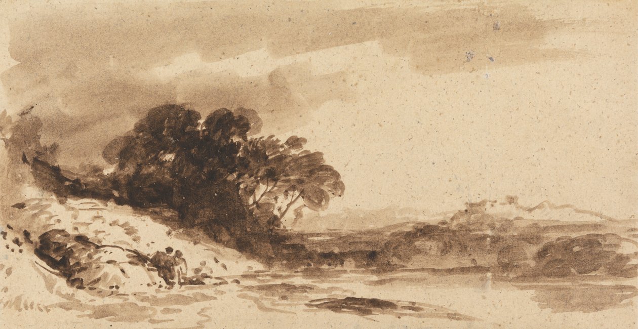 Elvelandskap med to figurer, innsjø og fjerne fjell av John Varley
