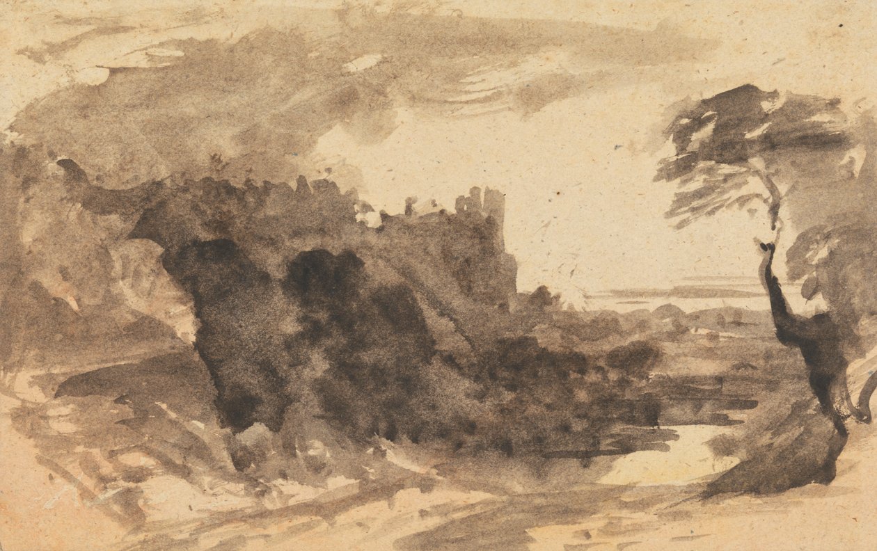 Romantisk landskap med et slott og et tre til høyre av John Varley