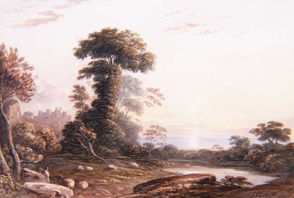 Solnedgang ved Harlech Castle av John Varley