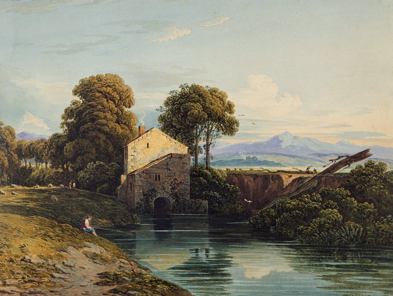 Vannmølle med det fjerne slottet og åsene av John Varley