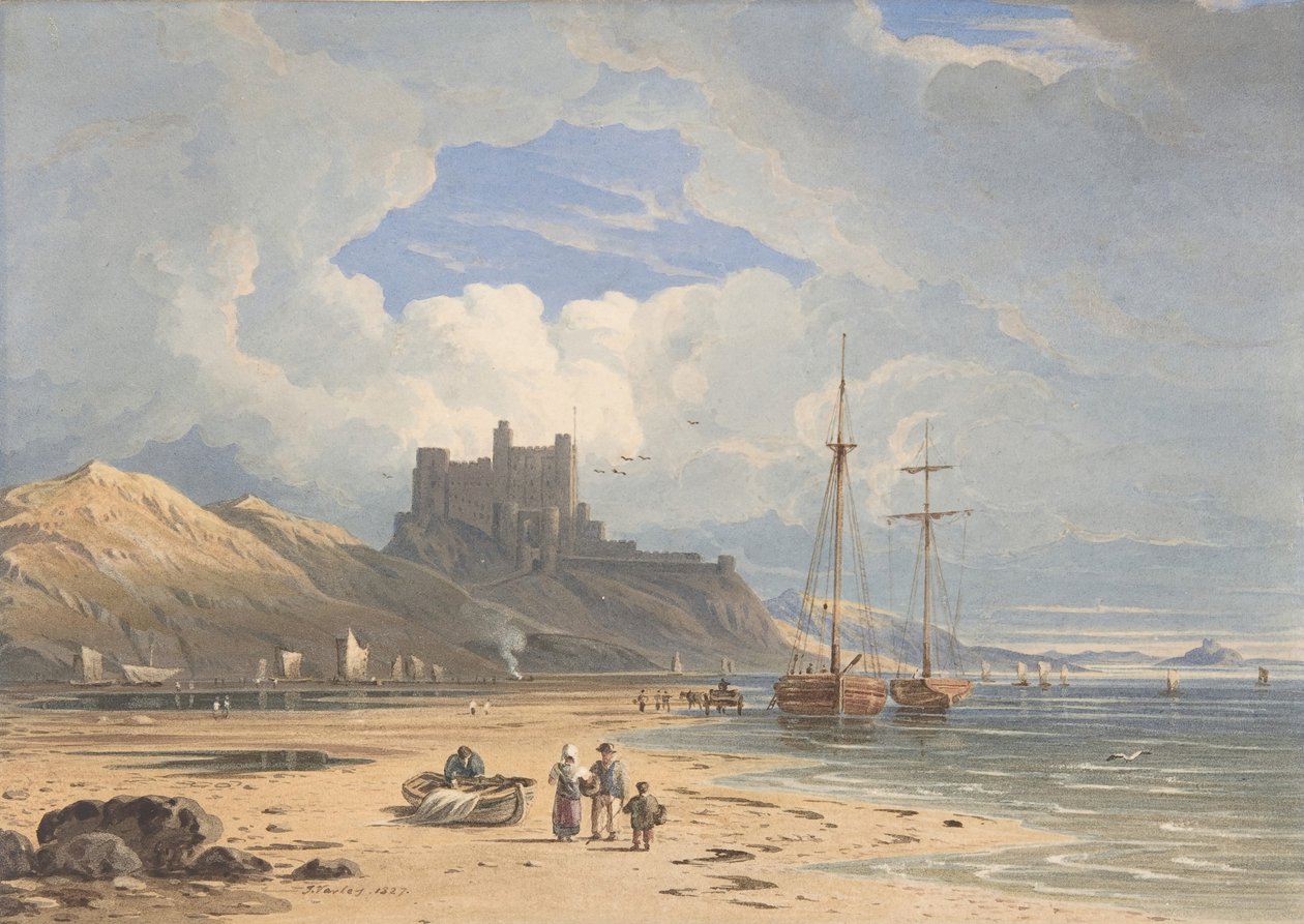 Bamburgh Castle fra nordøst, med Holy Island in the Distance, Northumberland, 1827. av John Varley I