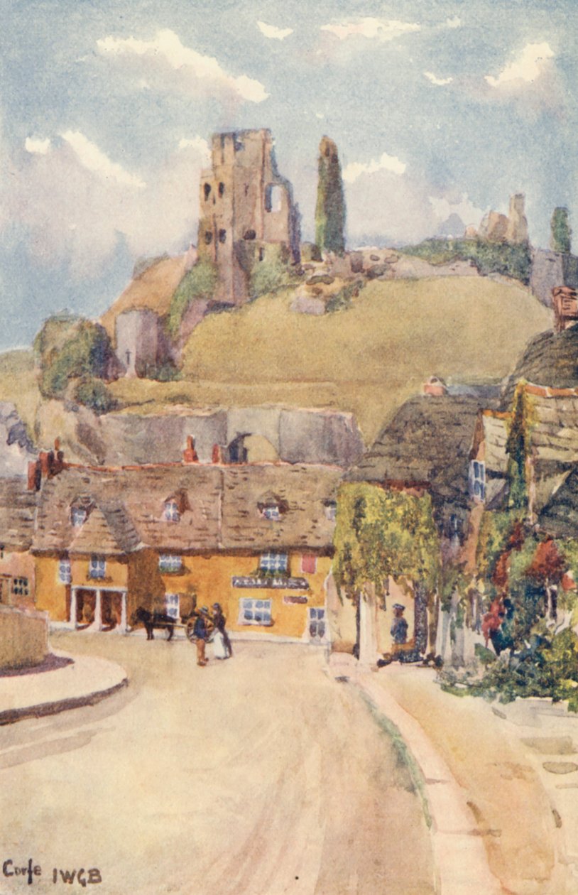 Corfe Castle (fargelitografi) av John W.G. Bond