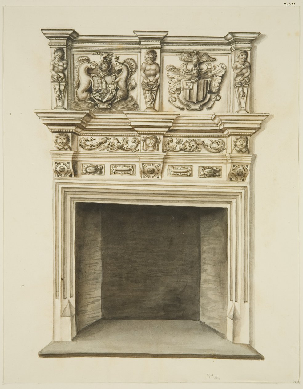 Skorsteinsstykke i tidligere bolig til Sir John Knight, Temple Street (blyant og akvarell på papir) av John W. Brett