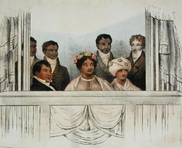 Deres Majesteter Kong Rheo Rhio, Dronning Tamehamalu, Madame Poki, av Sandwichøyene og suite da de dukket opp på Theatre Royal, Drury Lane, 4. juni 1824 av John W. Gear
