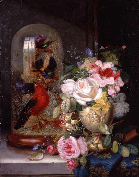 Et stilleben med roser i en vase ved siden av eksotiske fugler i et glasshus av John Wainwright
