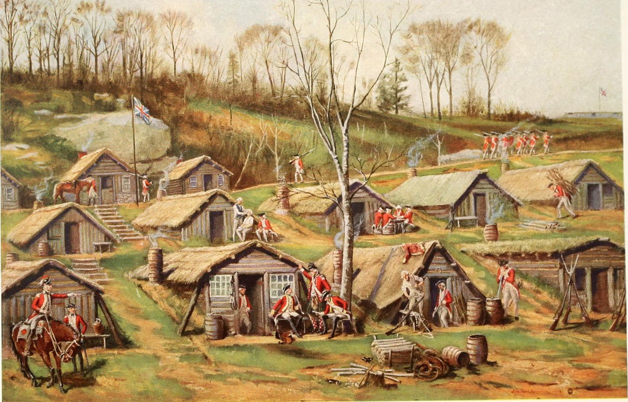 The Hut Camp på Dyckman Farm, illustrasjon fra Relics of the revolution; historien om oppdagelsen av de begravde restene av militært liv i fort og leire på Manhattan Island av Reginald Pelha av John Ward after Dunsmore