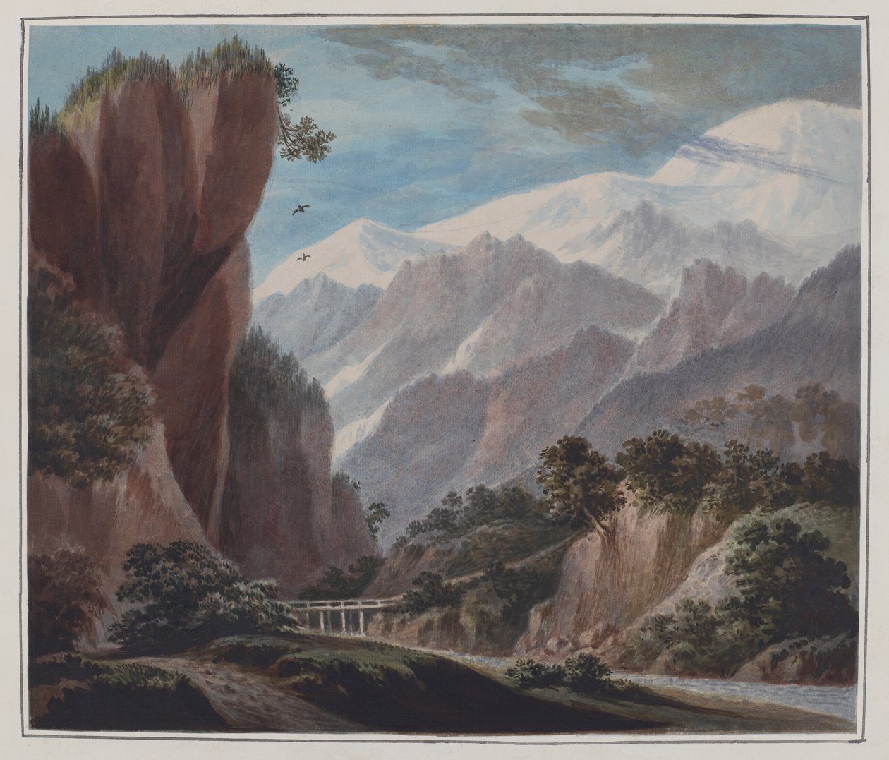 Oppstigning fra Sallanches-dalen til Chamonix, ca. 1781 (akvarell, blyant og gummi arabisk på papir) av John Warwick Smith