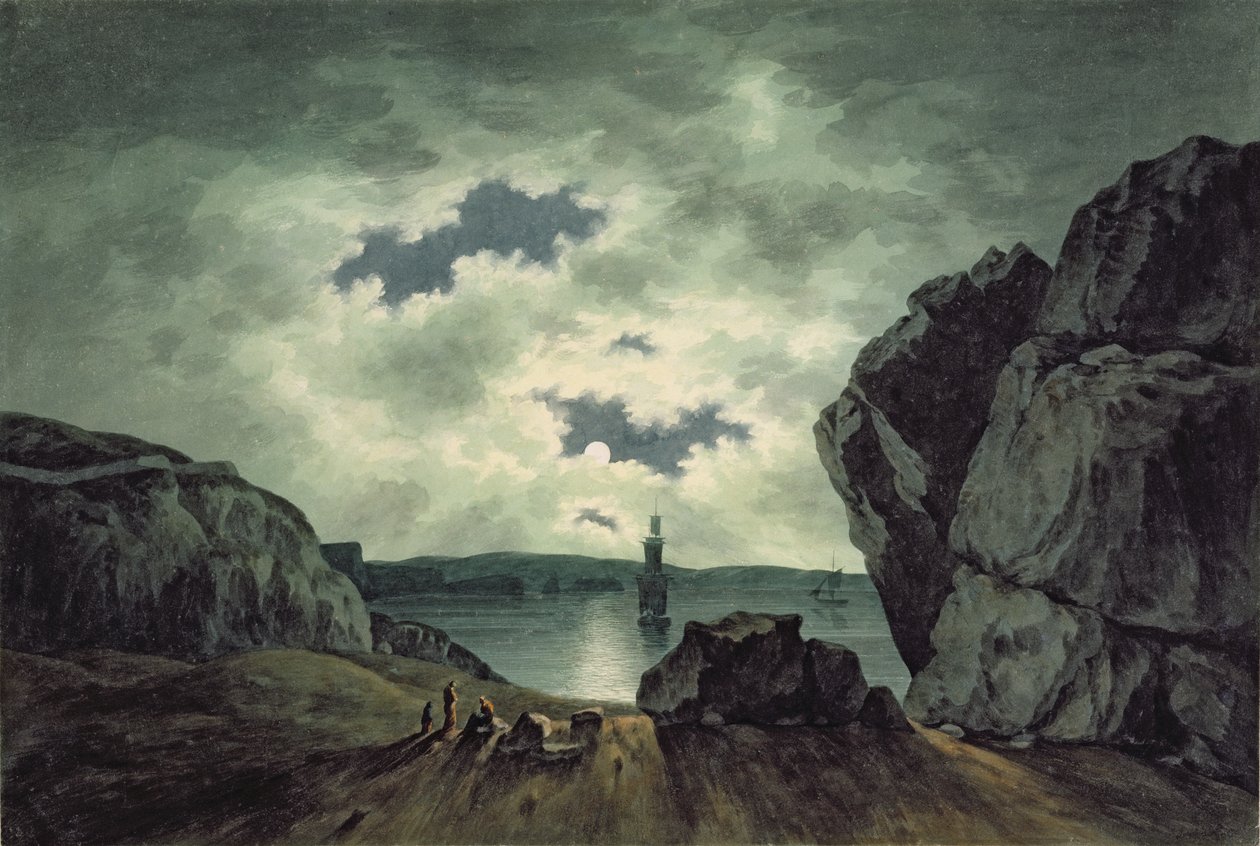 Bay Scene i måneskinn av John Warwick Smith