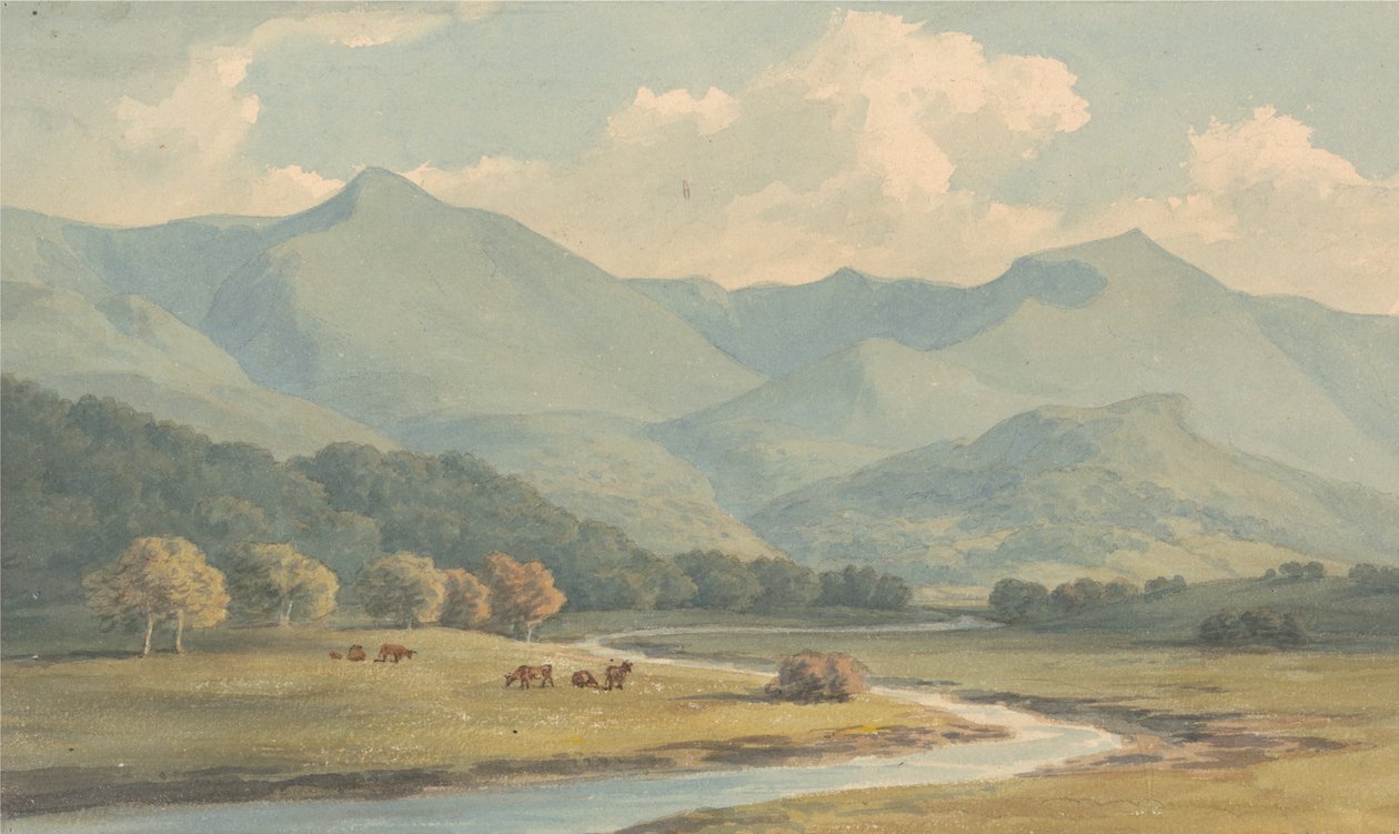 Carnedd Llewelyn og Carnedd David, Carnarvonshire, sett over elven Ogwen av John Warwick Smith