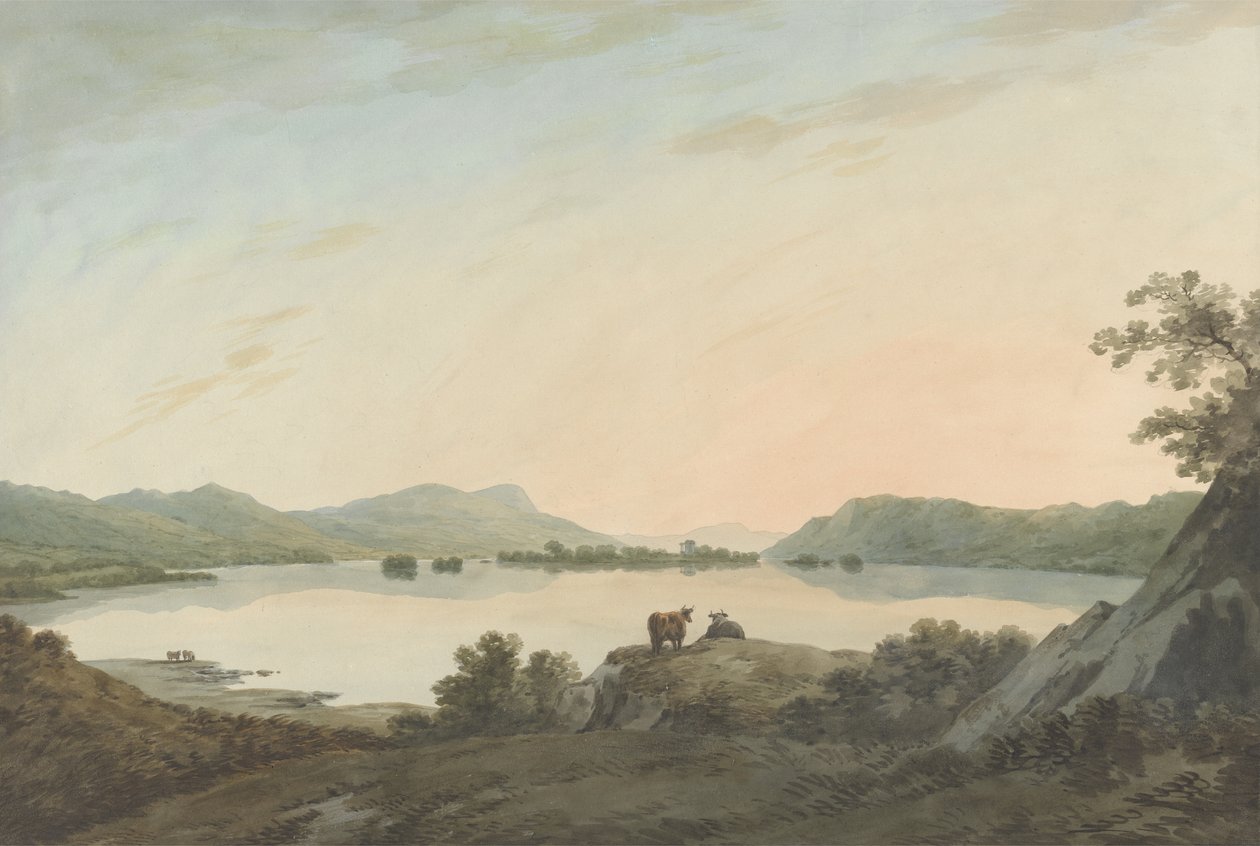 Lake Windemere fra Calgarth med Belle Isle (akvarell over grafitt på papir) av John Warwick Smith