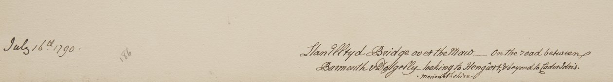 Llanelltyd Bridge over Maw, på veien mellom Barmouth og Dolgellau, ser til Hengwrt og videre til Cader Idris, Merionethshire, 16. juli 1790 av John Warwick Smith