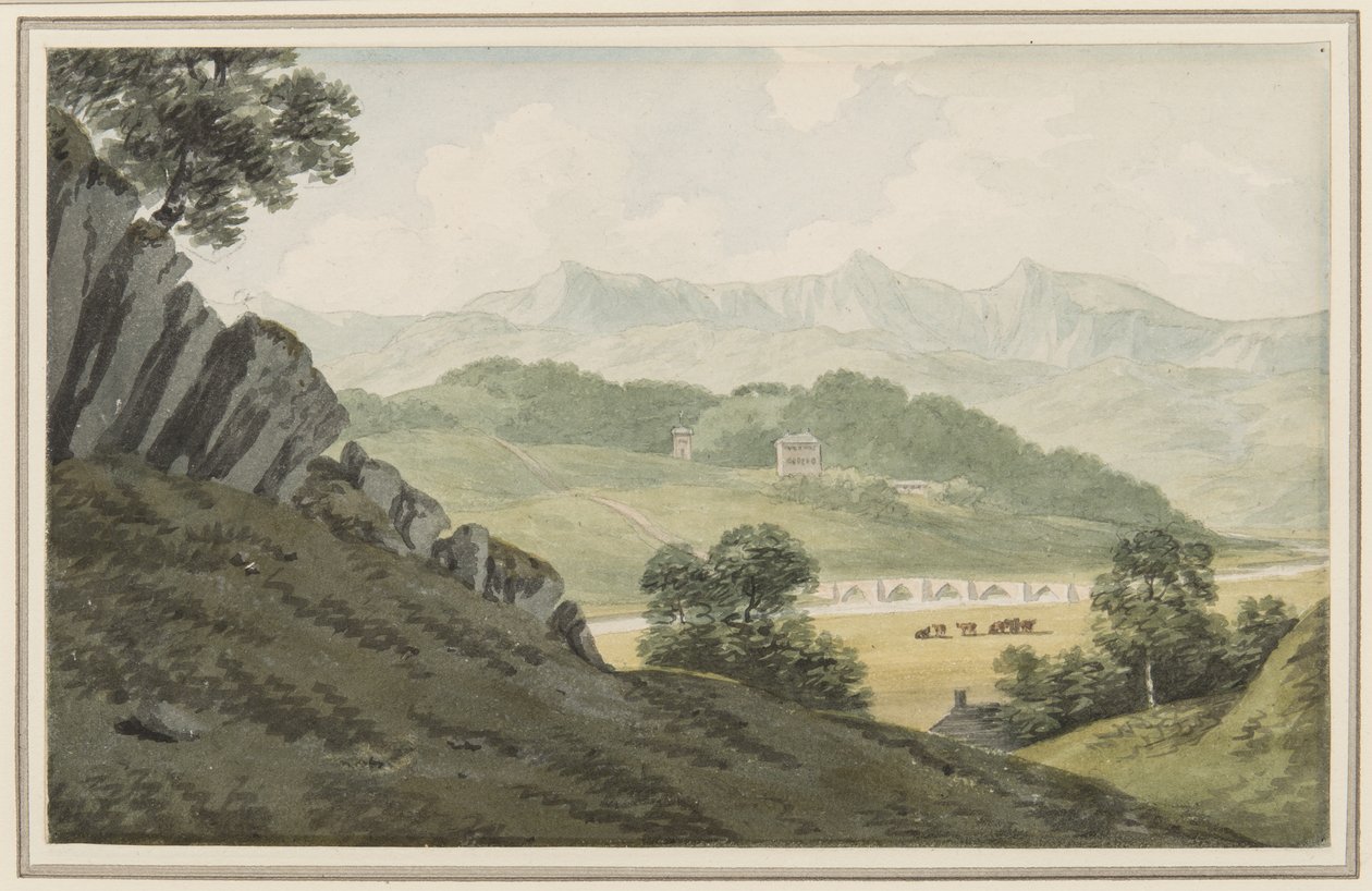 Llanelltyd Bridge over Maw, på veien mellom Barmouth og Dolgellau, ser til Hengwrt og videre til Cader Idris, Merionethshire, 16. juli 1790 (wc på papir) av John Warwick Smith