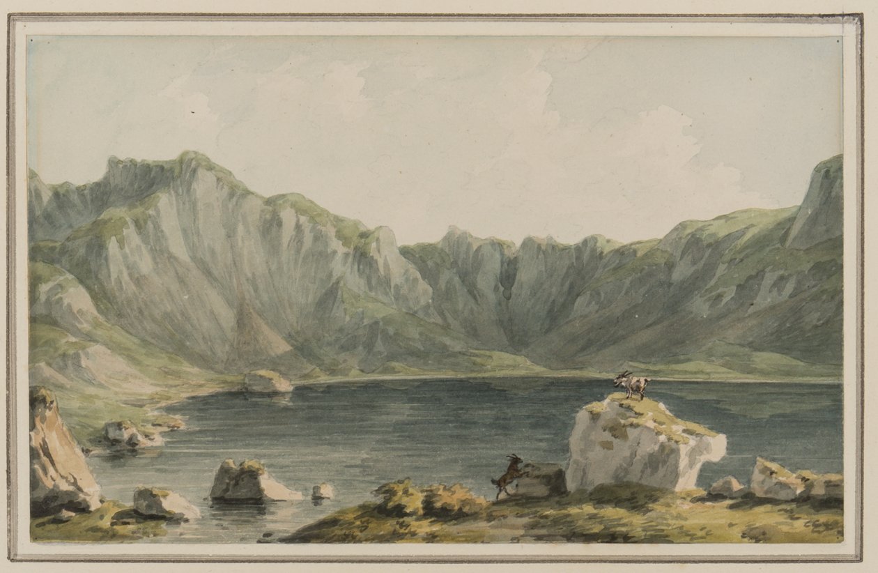 Llyn Idwal, på vei til det fra Llyn Ogwen, Carnarvonshire, ca. 1795 (wc på papir) av John Warwick Smith
